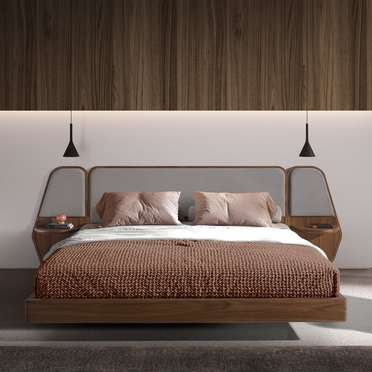 Cama em Nogueira e estofado Cinza