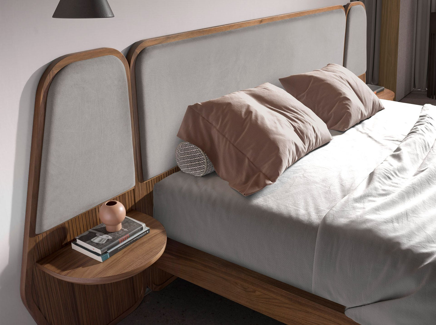 Cama em Nogueira e estofado Cinza