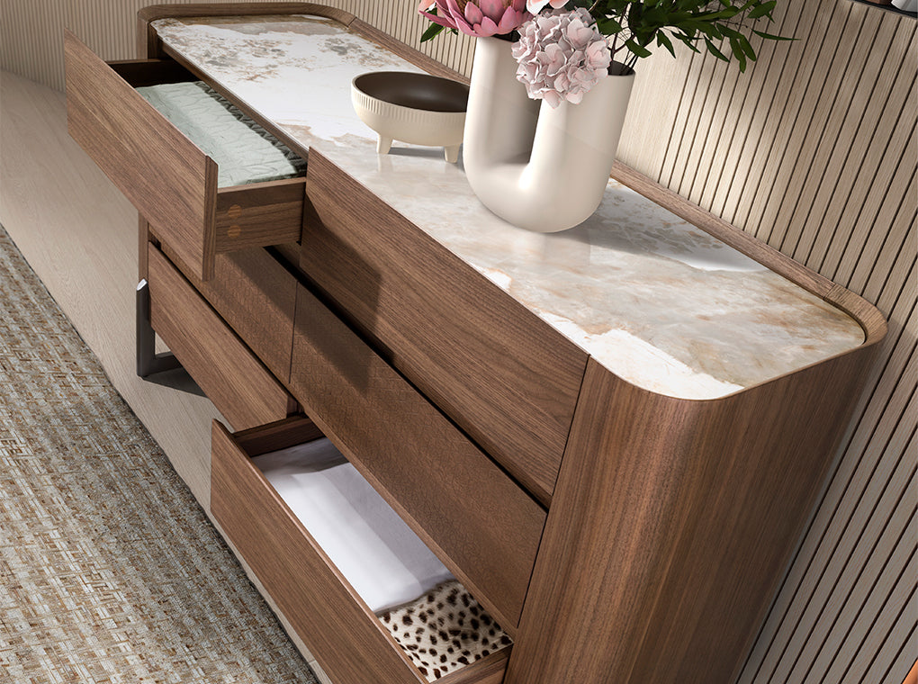 Cómoda Nogueira e Aço Escuro com Tampo Mármore