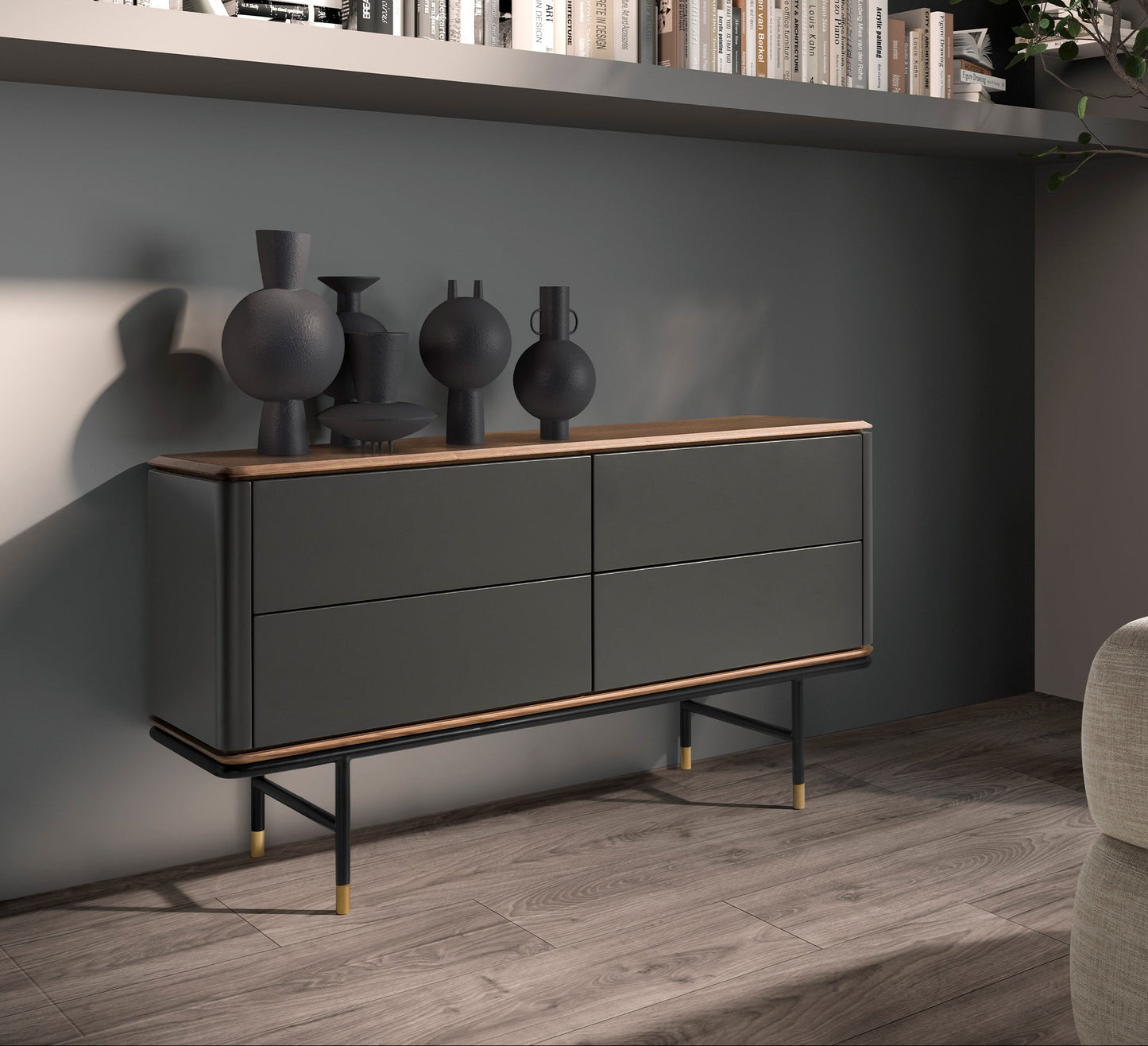 Cómoda Cinza Escuro Mate e Nogueira