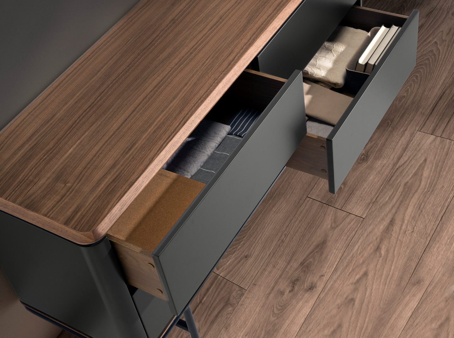 Cómoda Cinza Escuro Mate e Nogueira