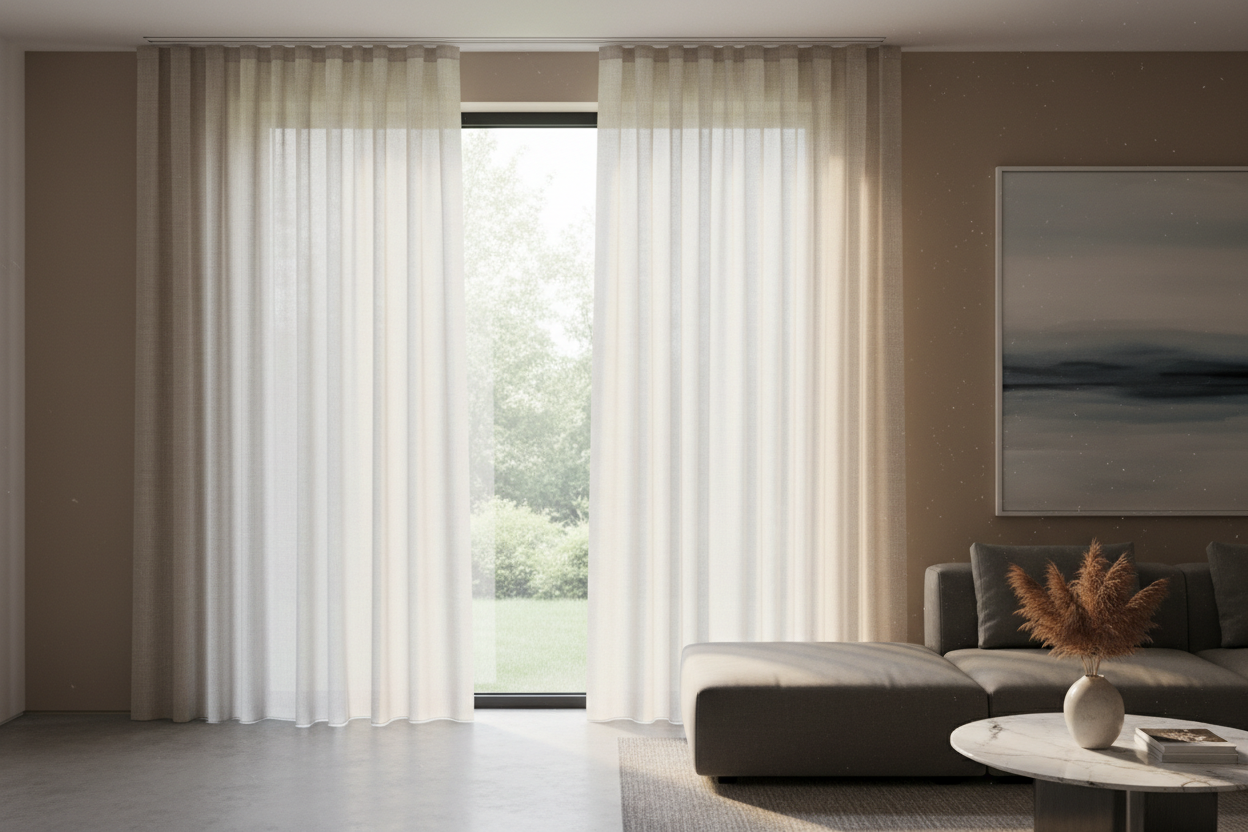 Imagem de uns cortinados a deixar entrar alguma luz através de uma janela de uma casa moderna e contemporanea. Nota-se apesar da leveza das cortinas que o tecido é de uma muito alta qualidade. Calha escondida não visivel